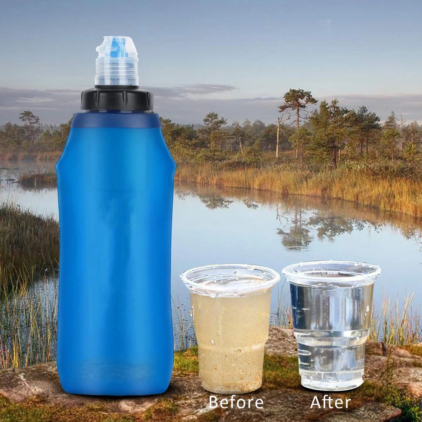 Portable Foldable Water Purifier Bottle Water Filter Bottle Outdoor Survival Personal Water Filter Bag for Camping Hiking Travel